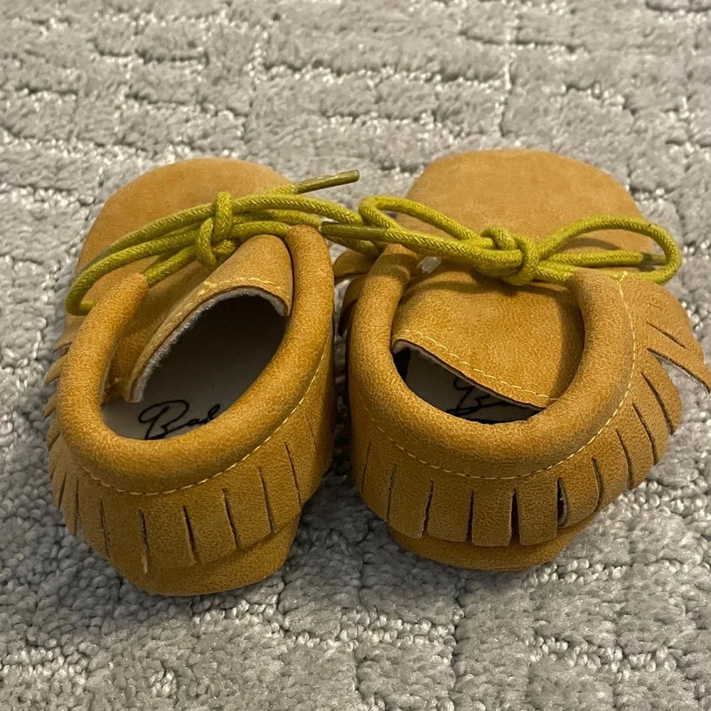 Tan Moccasin Baby Shoes with Green Laces